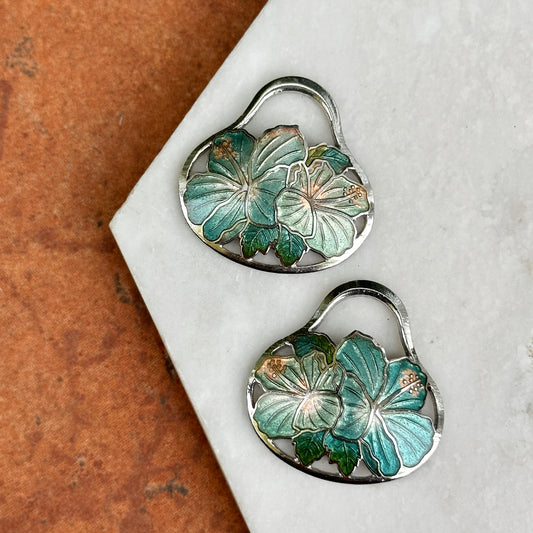 Estate Sterling Silver Aqua Enamel Hibiscus Earring Charms