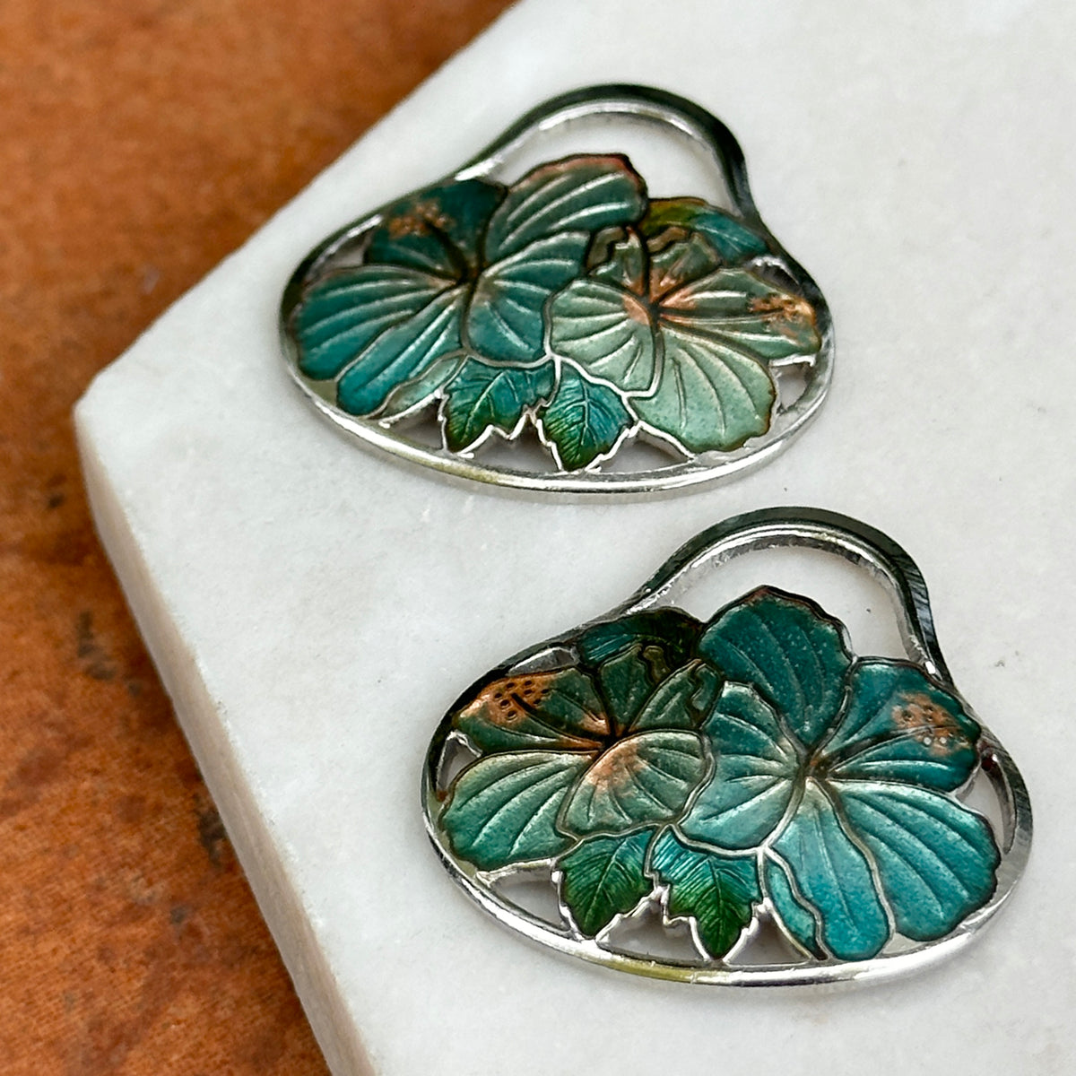 Estate Sterling Silver Aqua Enamel Hibiscus Earring Charms