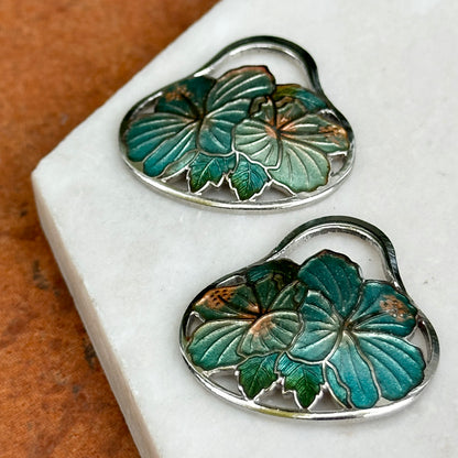 Estate Sterling Silver Aqua Enamel Hibiscus Earring Charms