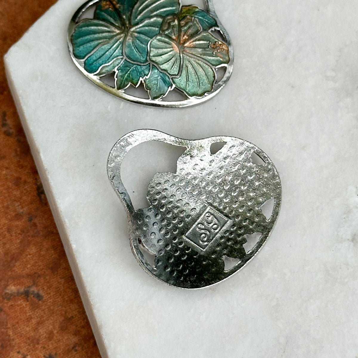 Estate Sterling Silver Aqua Enamel Hibiscus Earring Charms