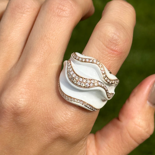 18KT Rose Gold White Ceramic + Diamond Abstract Ring