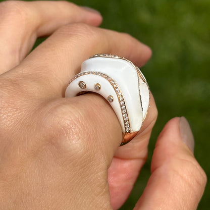 18KT Rose Gold White Ceramic + Diamond Abstract Ring