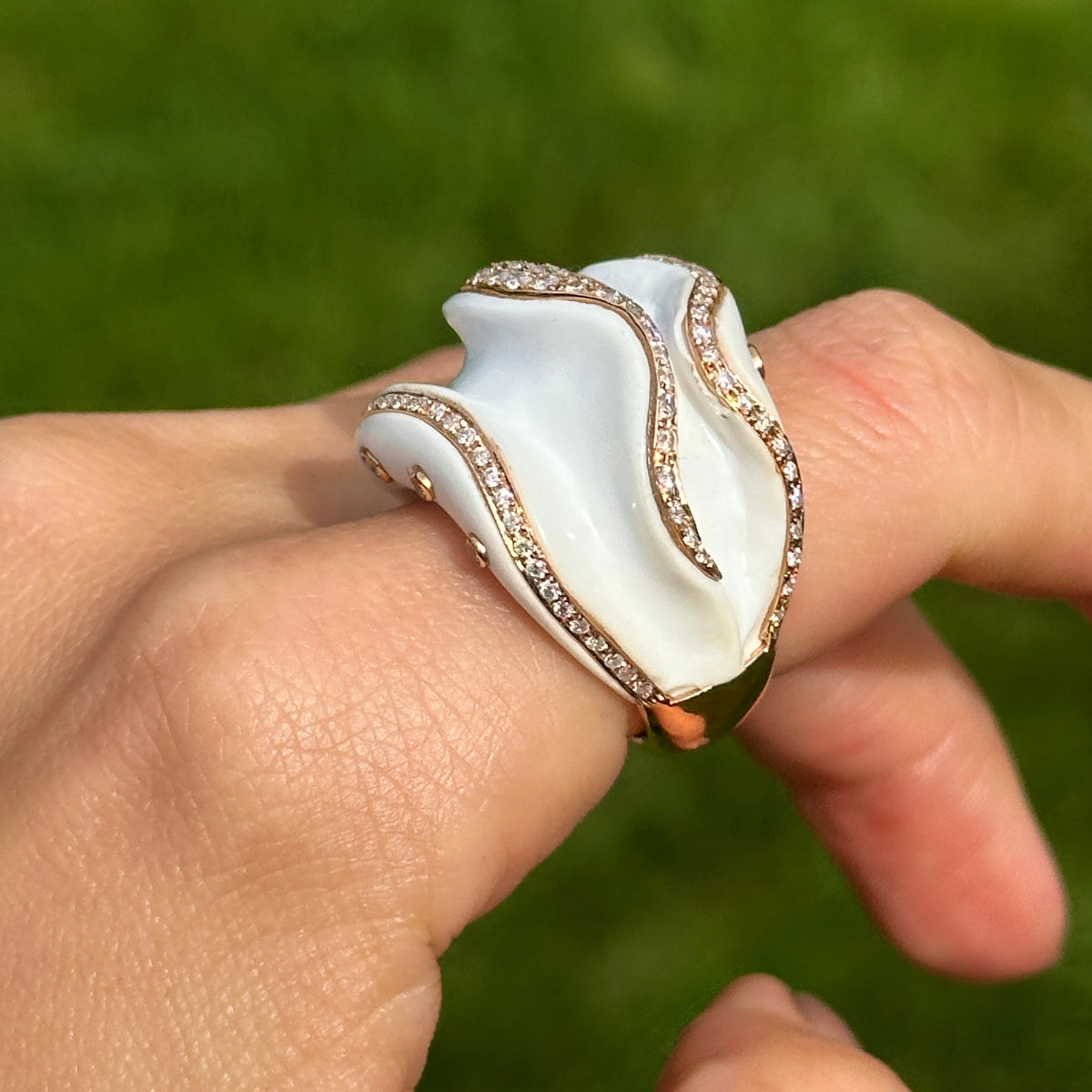 18KT Rose Gold White Ceramic + Diamond Abstract Ring