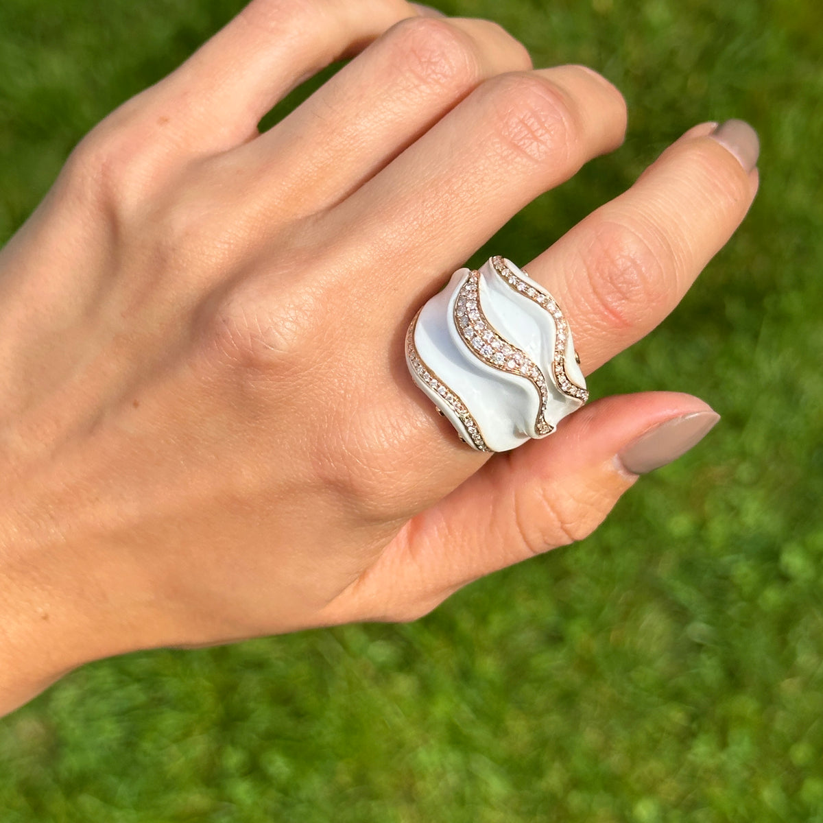 18KT Rose Gold White Ceramic + Diamond Abstract Ring
