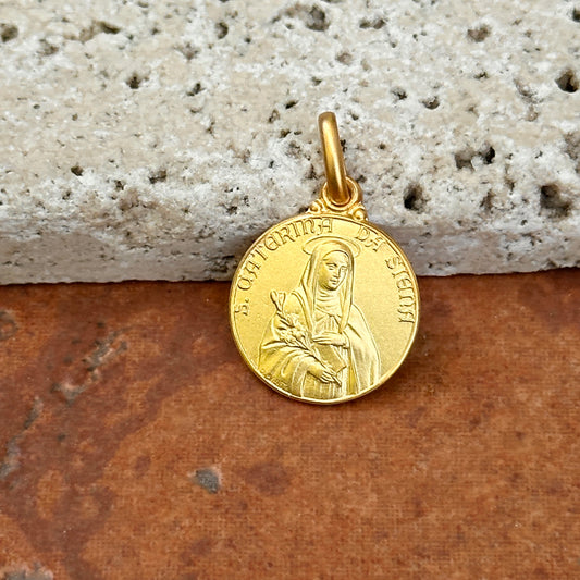 14KT Yellow Gold Matte St Catherine of Siena Round Medal Pendant 14mm