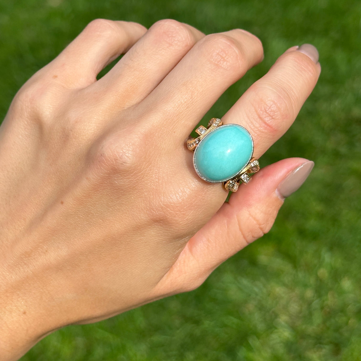 Estate 18KT Yellow Gold Oval 21 CT Turquoise + Diamond Ring