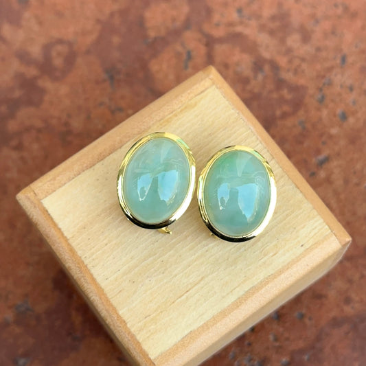 Estate 14KT Yellow Gold Oval Bezel Celadon Jade Omega Earrings