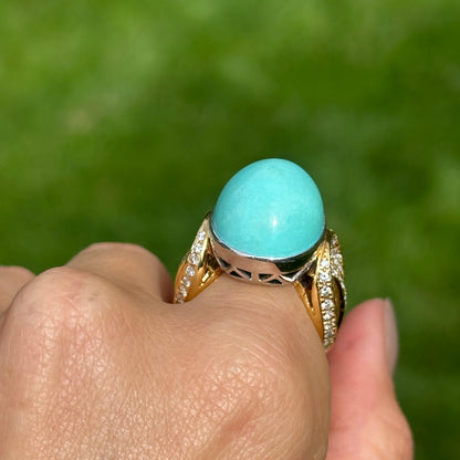Estate 18KT Yellow Gold Oval 21 CT Turquoise + Diamond Ring