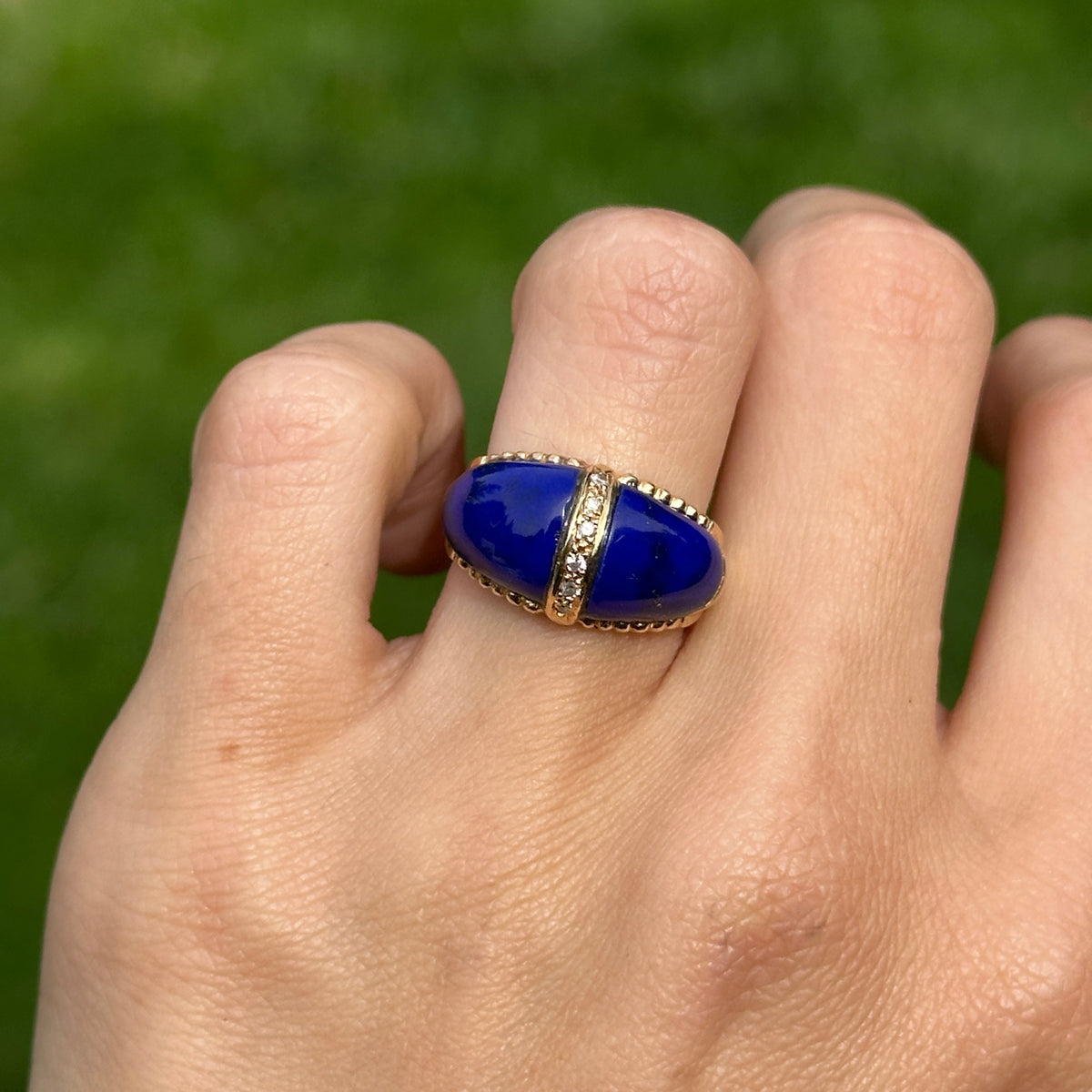 Estate 18KT Yellow Gold Lapis + Diamond Domed Ring