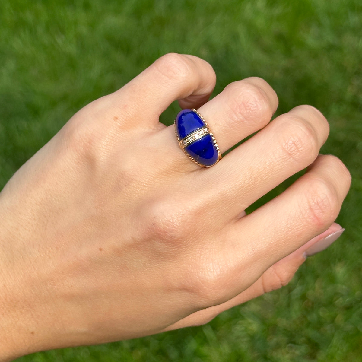 Estate 18KT Yellow Gold Lapis + Diamond Domed Ring