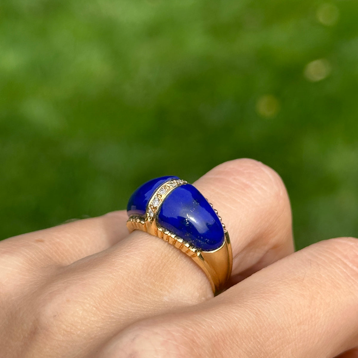 Estate 18KT Yellow Gold Lapis + Diamond Domed Ring