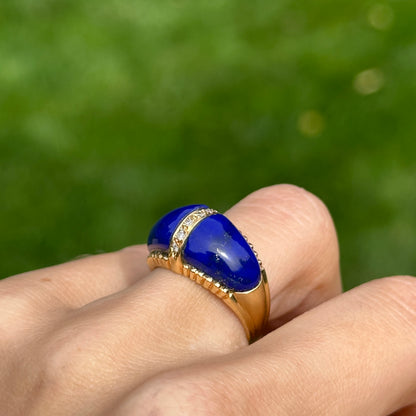Estate 18KT Yellow Gold Lapis + Diamond Domed Ring