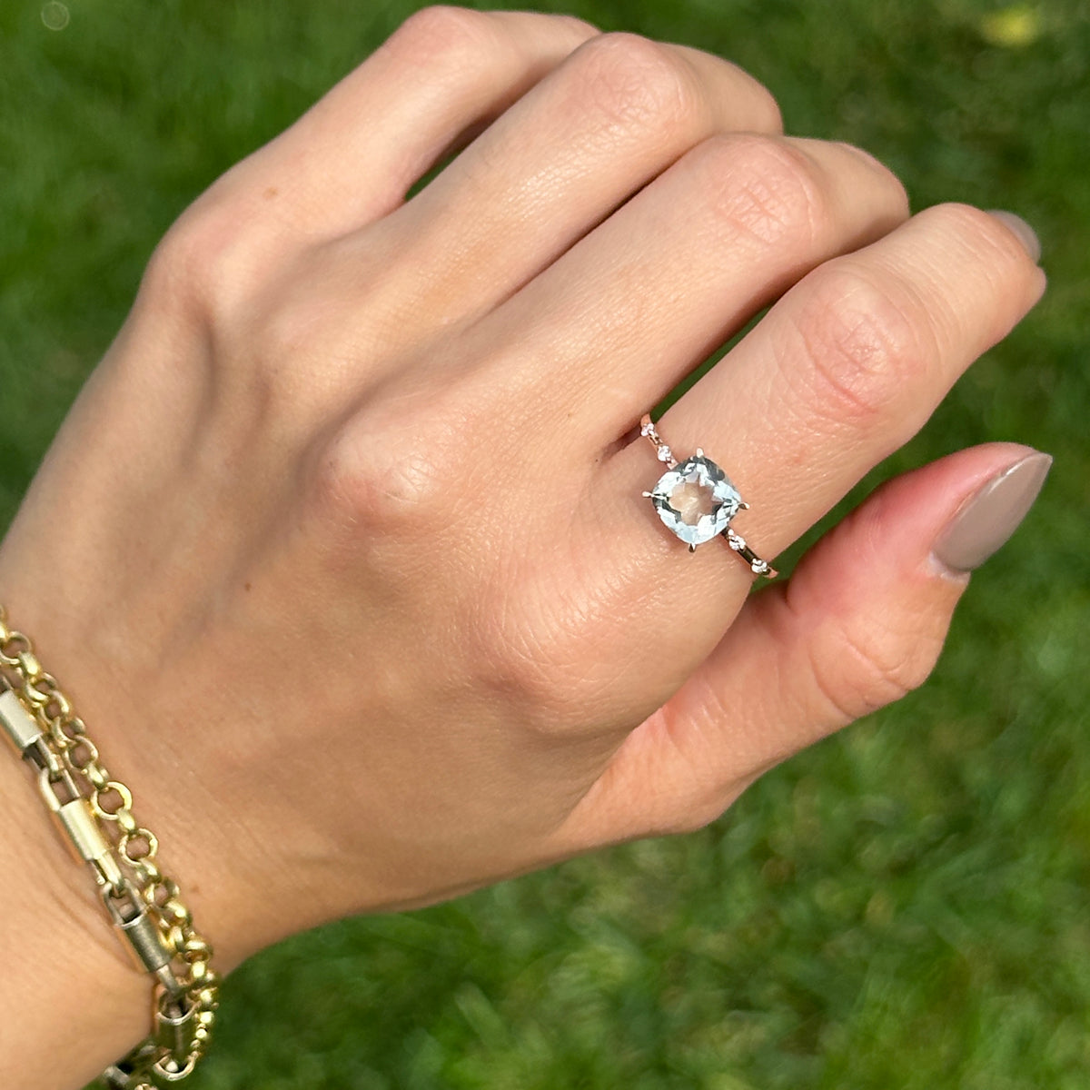 Estate 14KT Rose Gold Cushion Green Amethyst + Diamond Band Ring