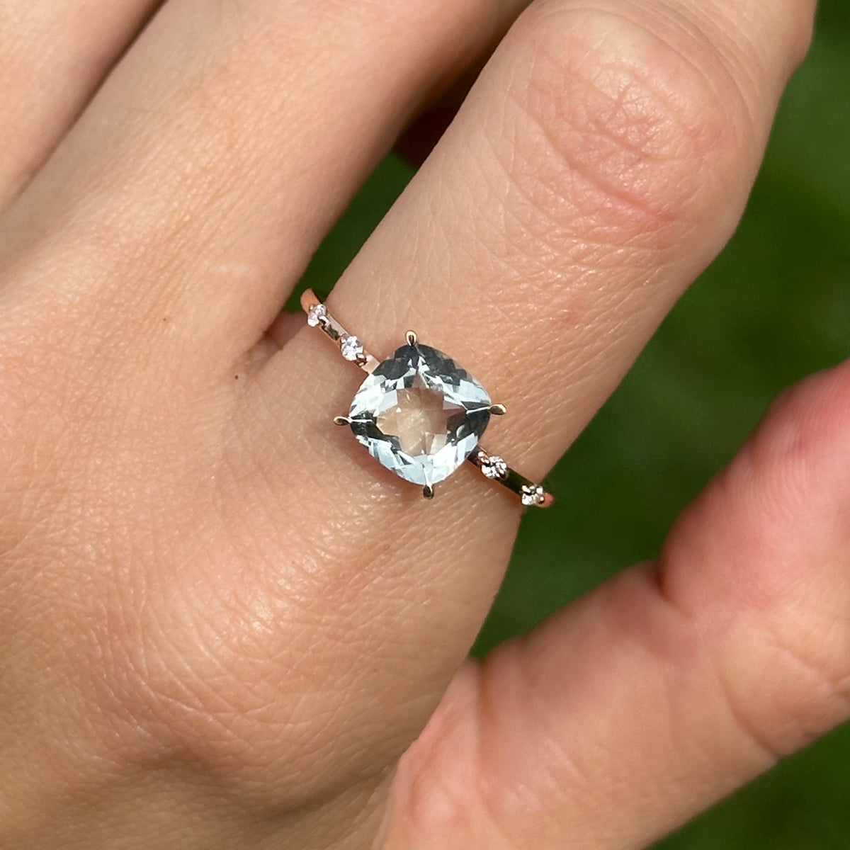 Estate 14KT Rose Gold Cushion Green Amethyst + Diamond Band Ring