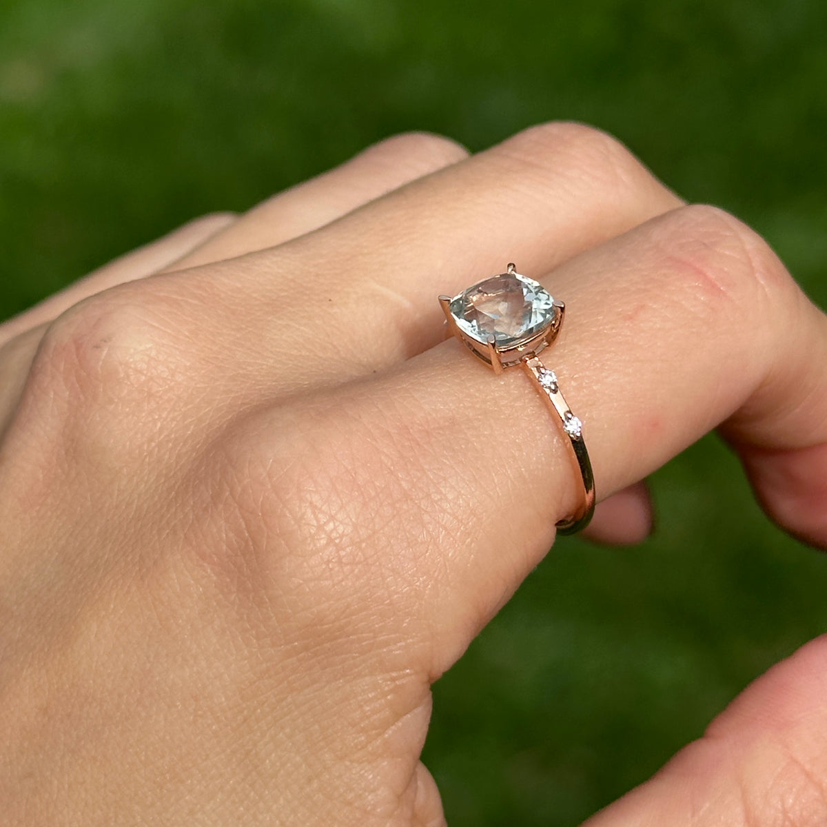 Estate 14KT Rose Gold Cushion Green Amethyst + Diamond Band Ring