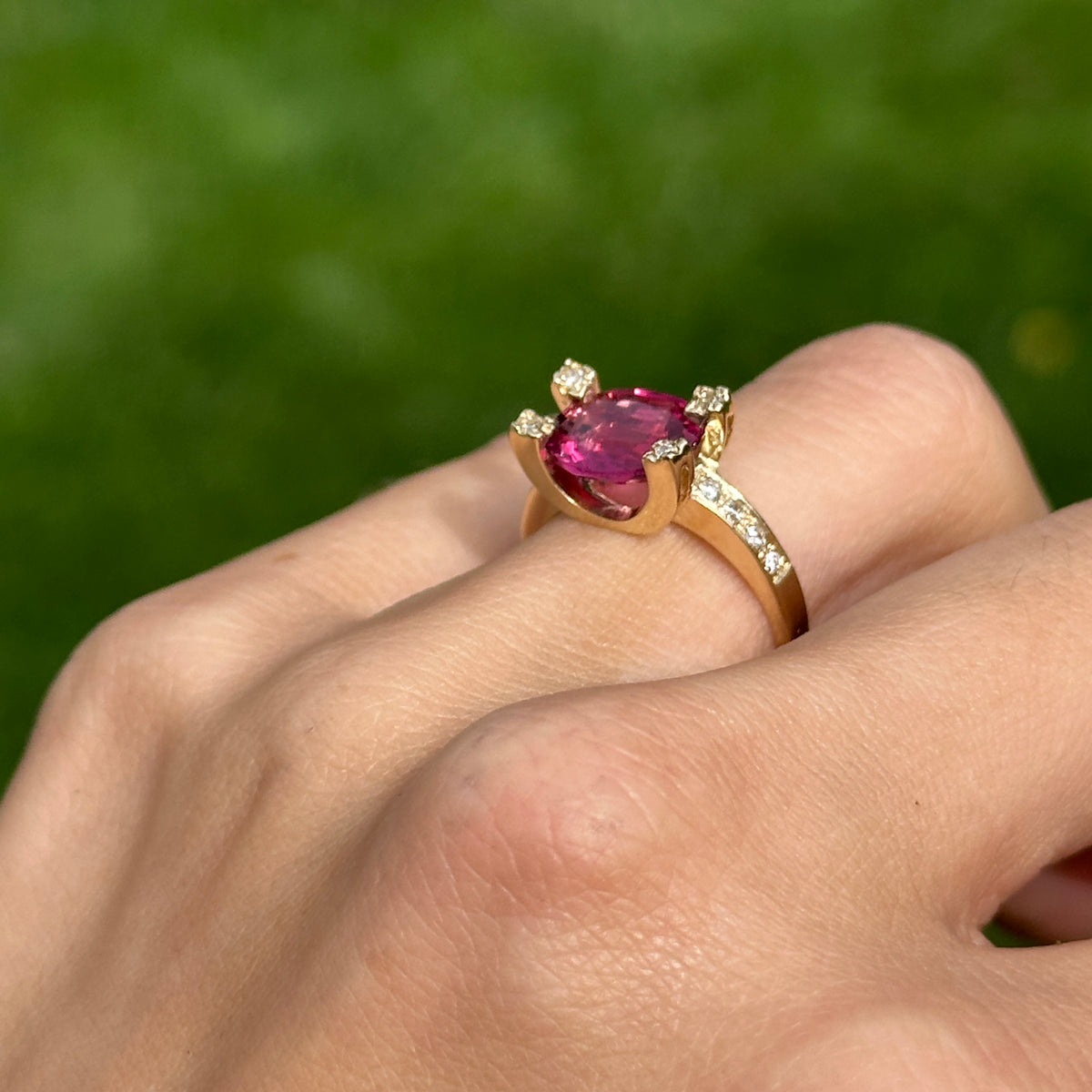 Estate 14KT Yellow Gold Oval 3 CT Pink Tourmaline + Diamond Ring