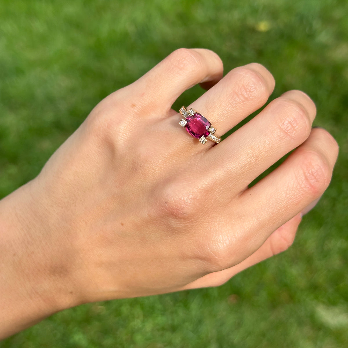 Estate 14KT Yellow Gold Oval 3 CT Pink Tourmaline + Diamond Ring