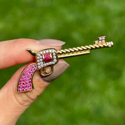 Estate 18KT Yellow Gold Ruby + Diamond Pistol Pendant