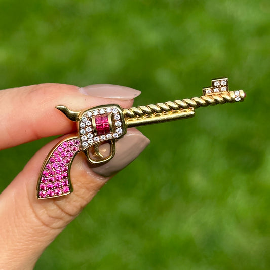 Estate 18KT Yellow Gold Ruby + Diamond Pistol Pendant