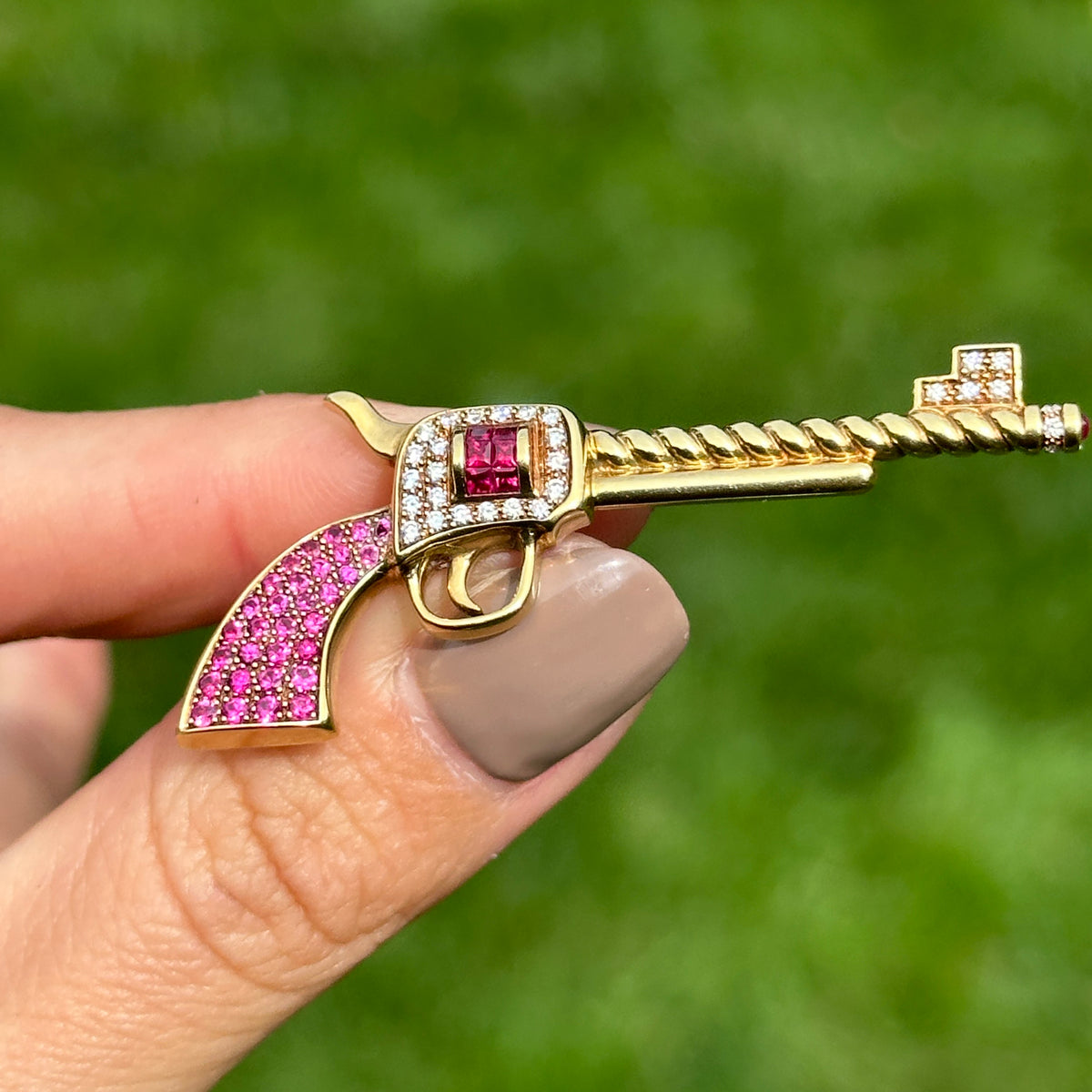 Estate 18KT Yellow Gold Ruby + Diamond Pistol Pendant