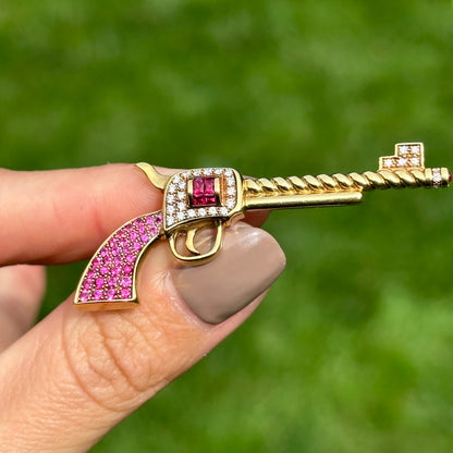 Estate 18KT Yellow Gold Ruby + Diamond Pistol Pendant