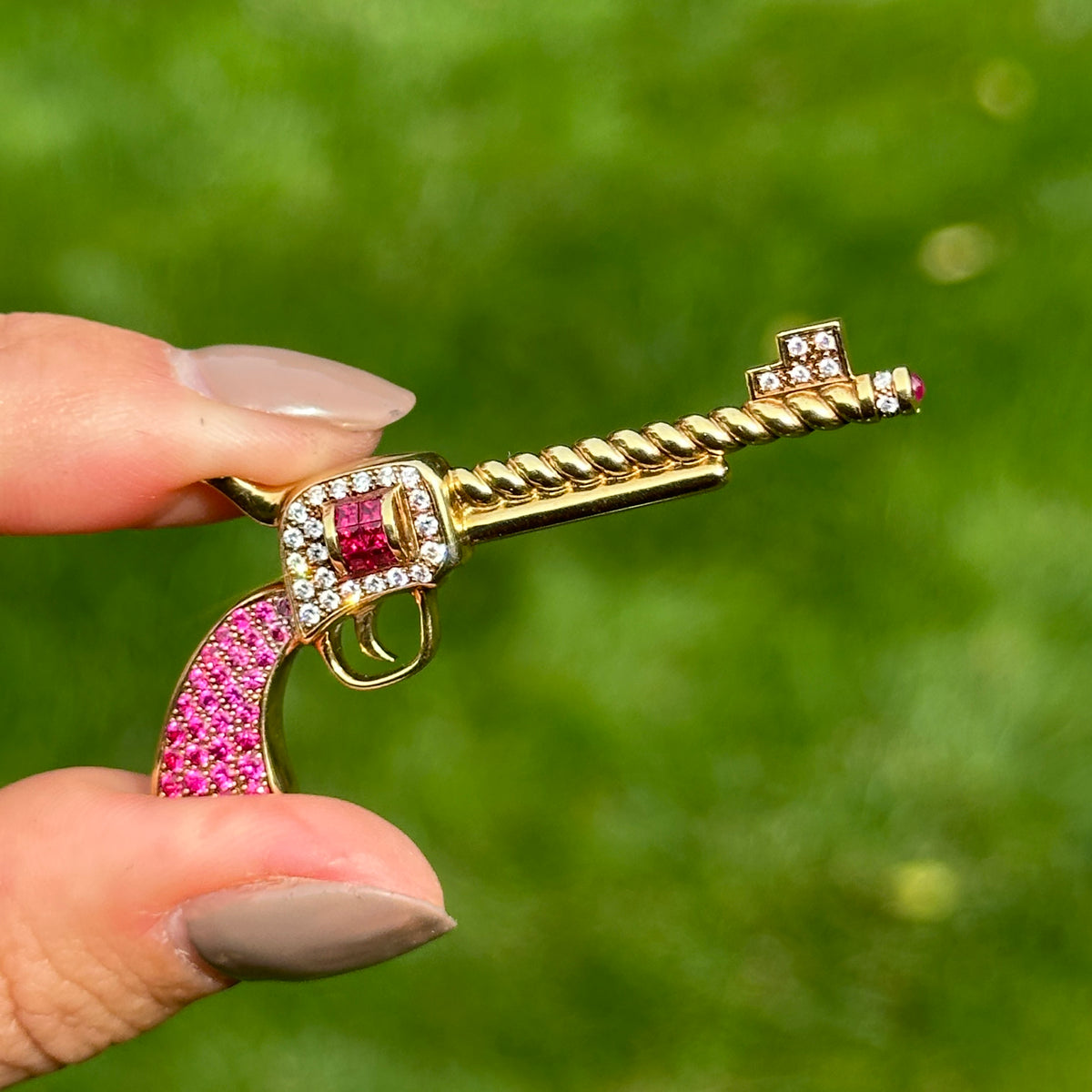 Estate 18KT Yellow Gold Ruby + Diamond Pistol Pendant
