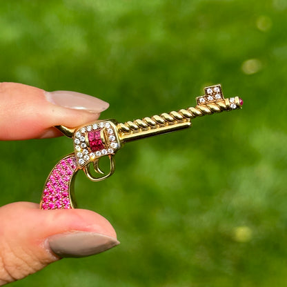 Estate 18KT Yellow Gold Ruby + Diamond Pistol Pendant