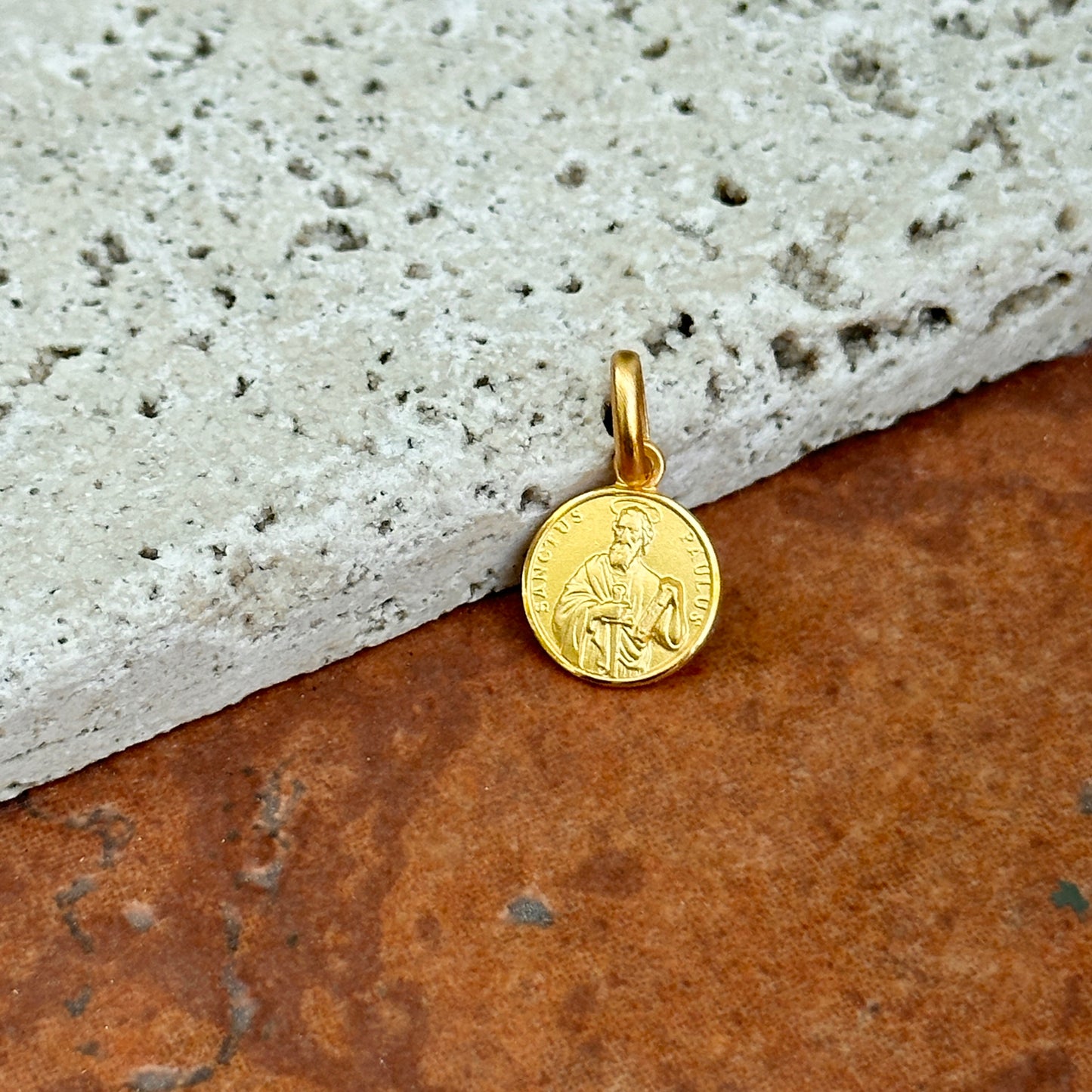 14KT Yellow Gold St Paul Matte Round Medal Pendant 10mm