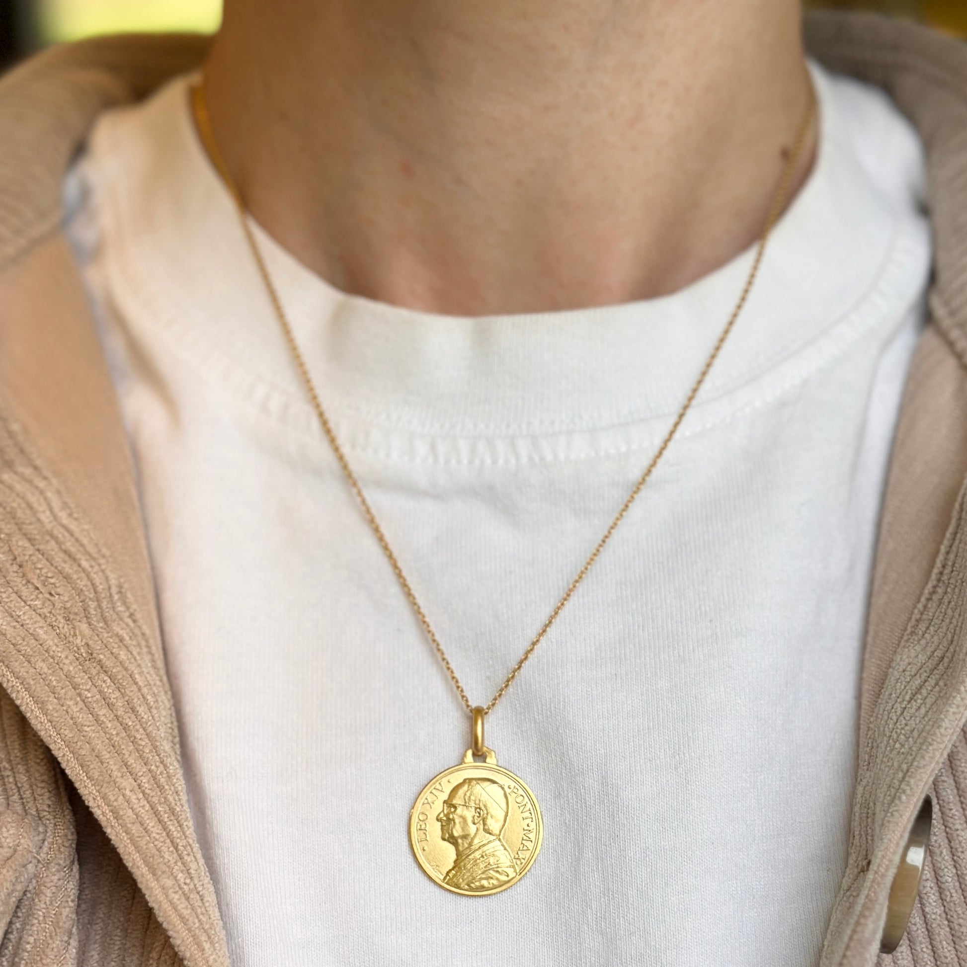 14KT Yellow Gold Matte Pope Leo XIV Round Medal Pendant 21mm - LSJ