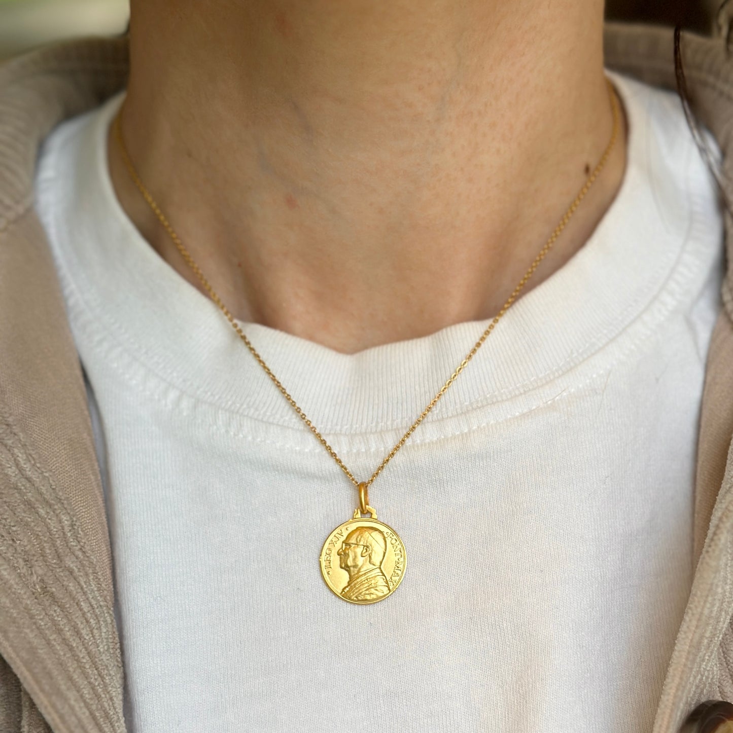 14KT Yellow Gold Matte Pope Leo XIV Round Medal Pendant 18mm - LSJ