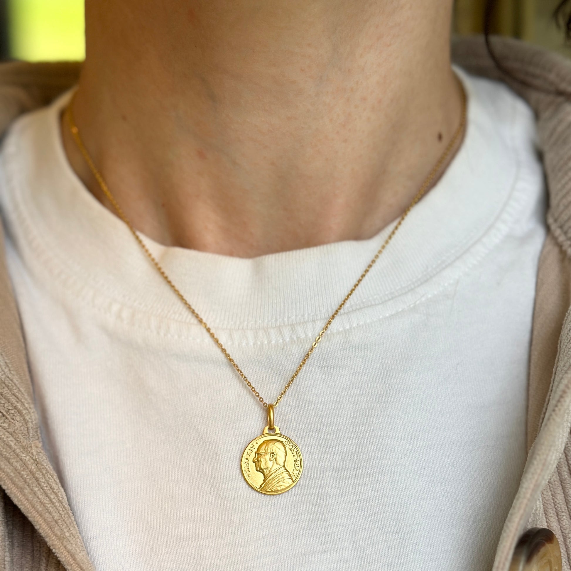 14KT Yellow Gold Matte Pope Leo XIV Round Medal Pendant 16mm - LSJ
