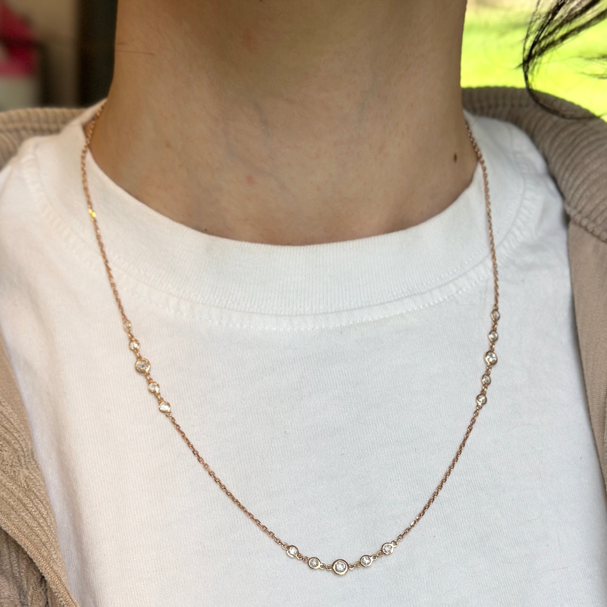 14KT Rose Gold Rose-Cut Diamond Bezel Station Necklace - LSJ