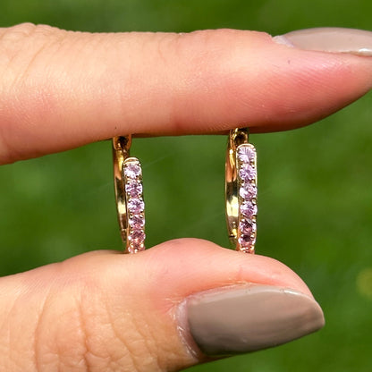 Estate 14KT Yellow Gold Light Pink Sapphire Huggie Hoop Earrings