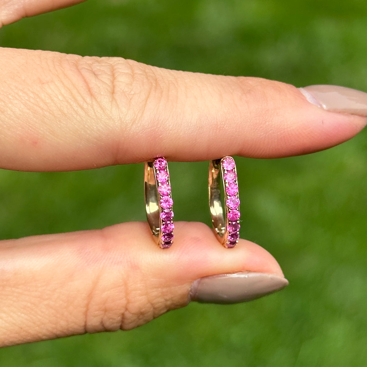 Estate 14KT Yellow Gold Dark Pink Sapphire Huggie Hoop Earrings