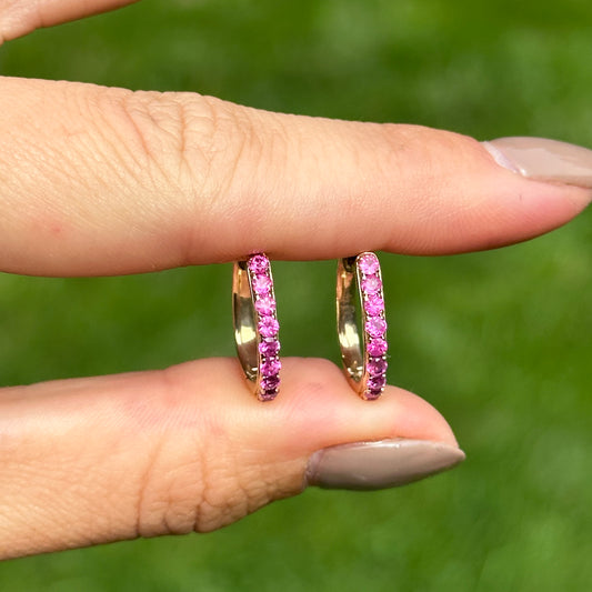 Estate 14KT Yellow Gold Dark Pink Sapphire Huggie Hoop Earrings