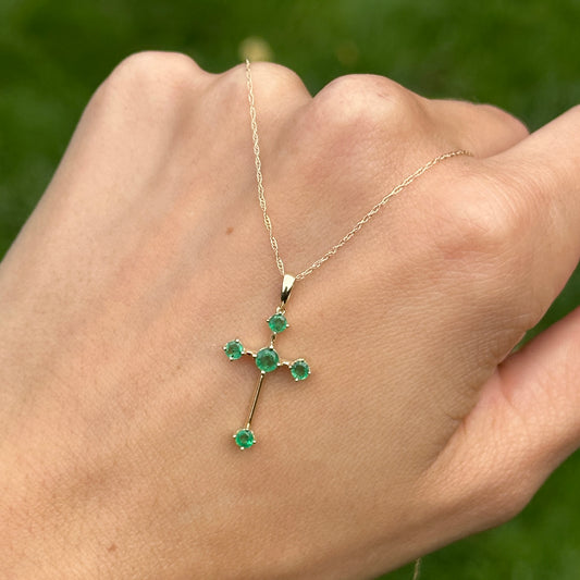 Estate 10KT Yellow Gold Emerald Cross Necklace