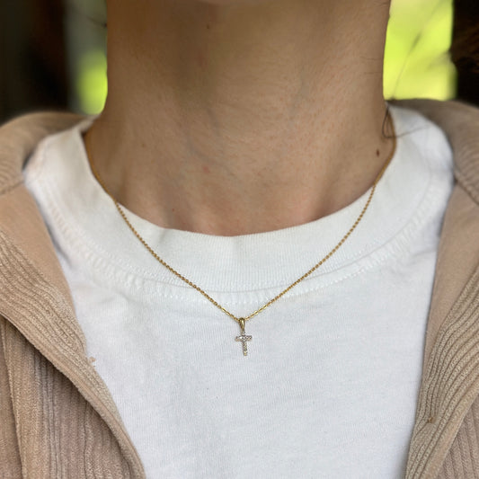 14KT Yellow Gold Mini Diamond Cross Pendant Charm