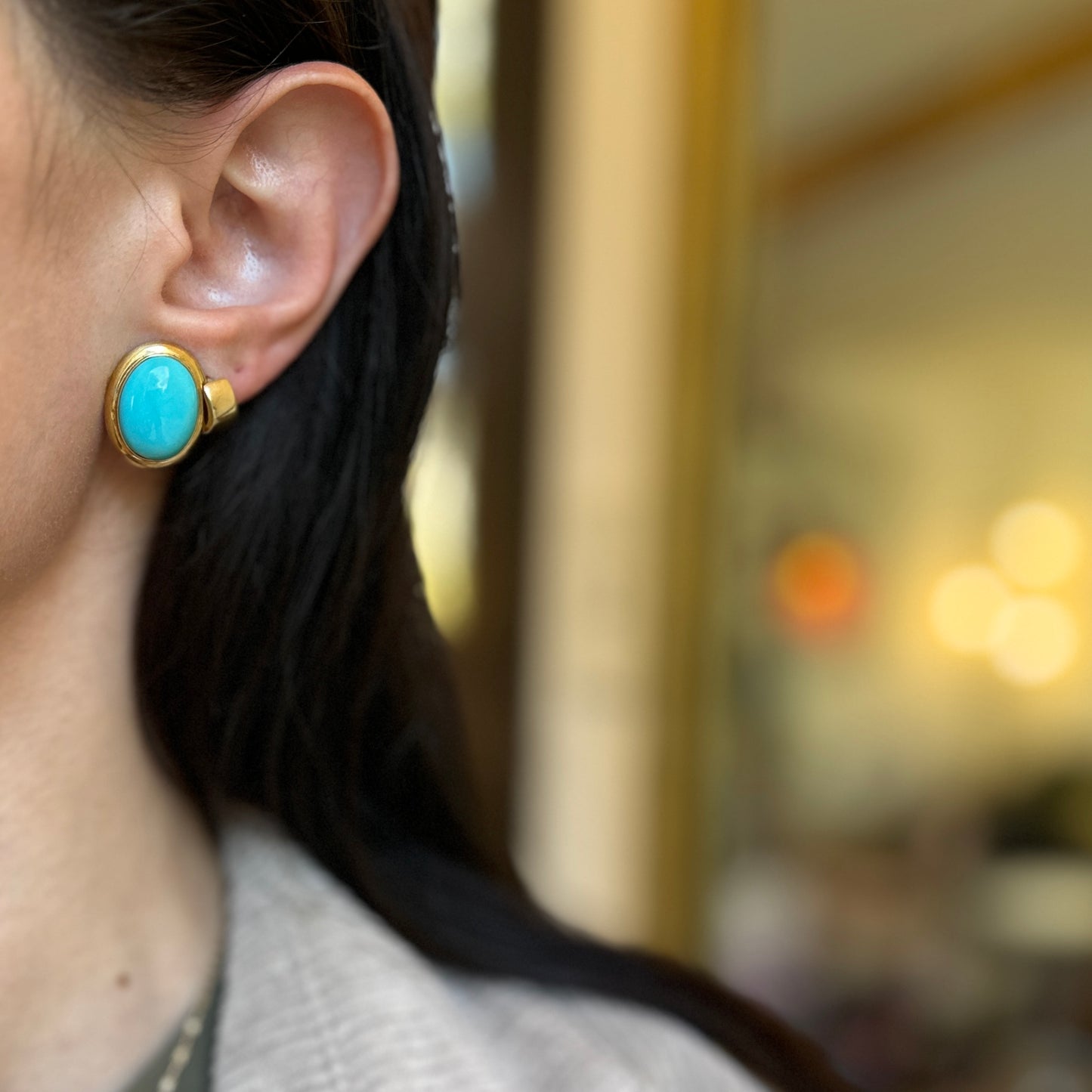 14KT Yellow Gold Cabochon Oval Turquoise Bezel Pierced Earrings