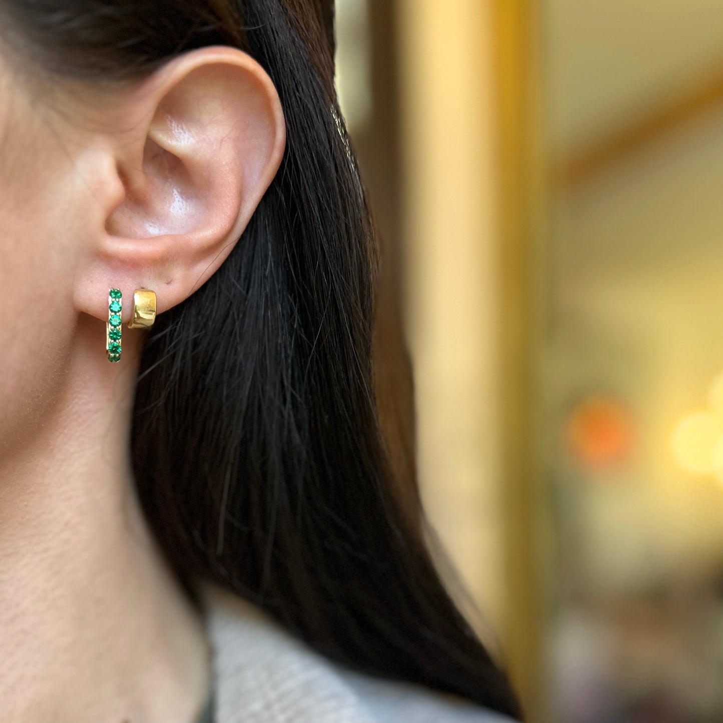 10KT Yellow Gold Rectangle Lab-Grown Emerald Hoop Earrings 14mm