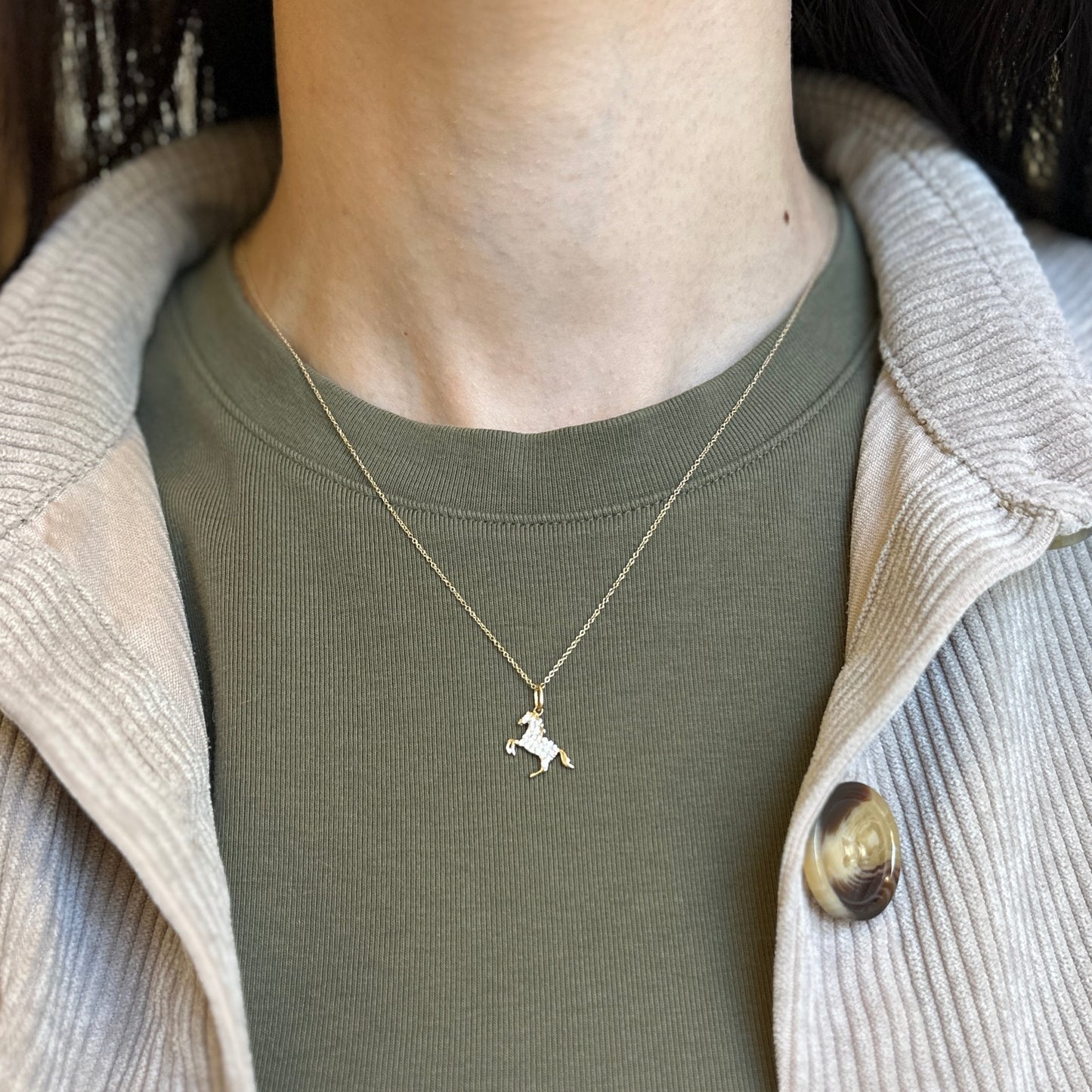 14KT Yellow Gold Pave Diamond Horse Cable Necklace Adjustable 18''