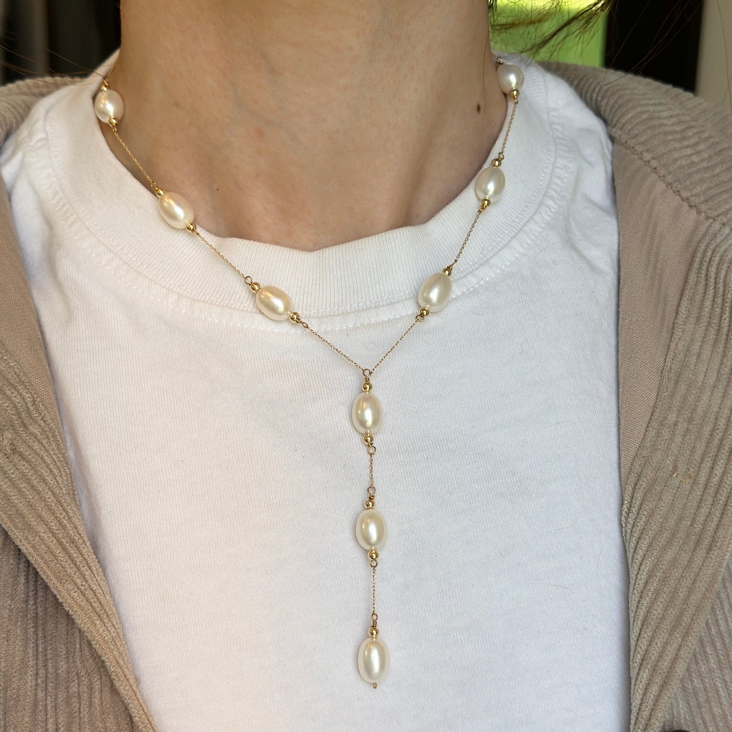 14KT Yellow Gold Oval Freshwater Pearl Lariat Chain Necklace - LSJ