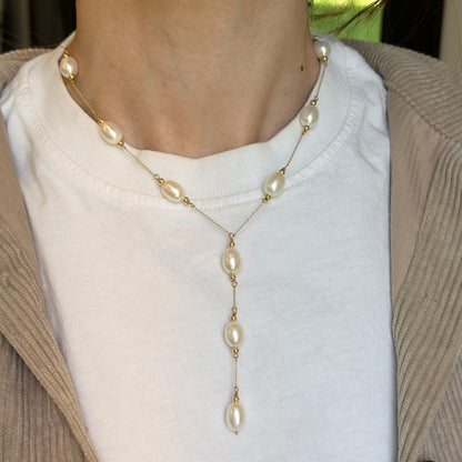 14KT Yellow Gold Oval Freshwater Pearl Lariat Chain Necklace - LSJ