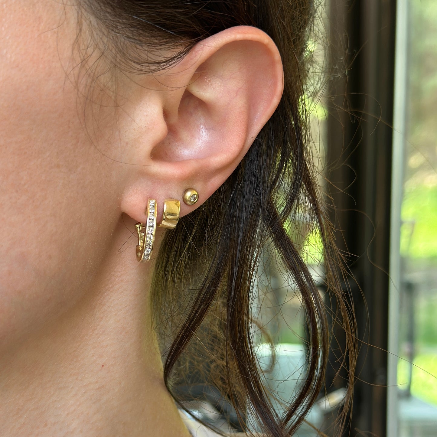 Estate 14KT Yellow Gold Round Diamond Channel-Set J Hoop Earrings