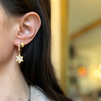 18K Yellow Gold-Plated Brass Round CZ White Enamel Star of David Dangle Huggie Earrings