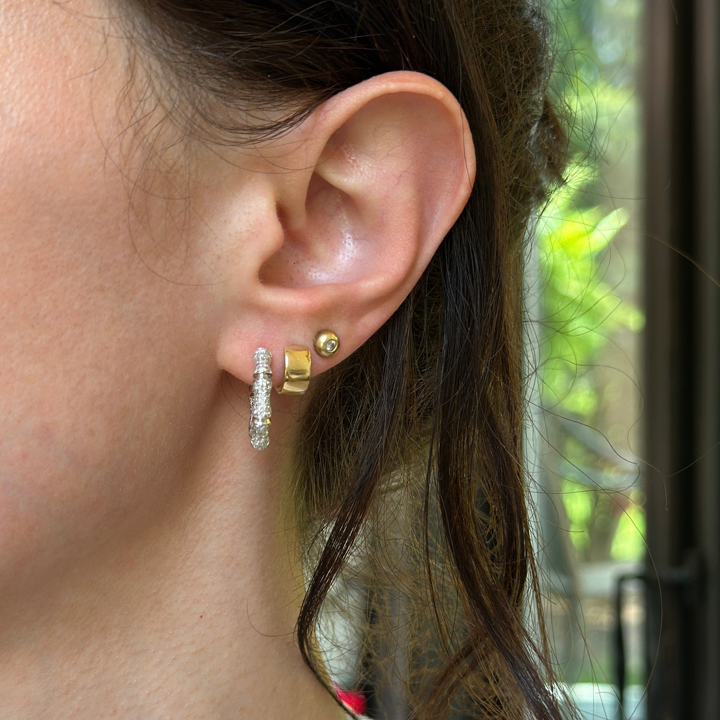 14KT White Gold Round Diamond Inside/Out Bamboo Pierced Huggie Hoop Earrings - LSJ