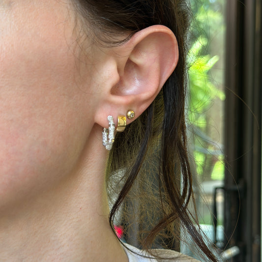 14KT White Gold Round Diamond Inside/Out Bamboo Pierced Huggie Hoop Earrings