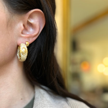 18K Yellow Gold-Plated Brass Equestrian Marbled Cream Enamel Hoop Earrings