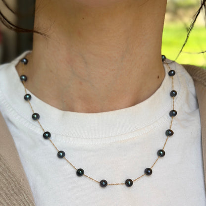 Estate 14KT Yellow Gold Black Freshwater Pearl Station Necklace