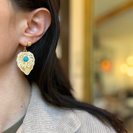 Yellow Gold-Filled Round Cabochon Turquoise Engraved Leaf Ear Wire Earrings