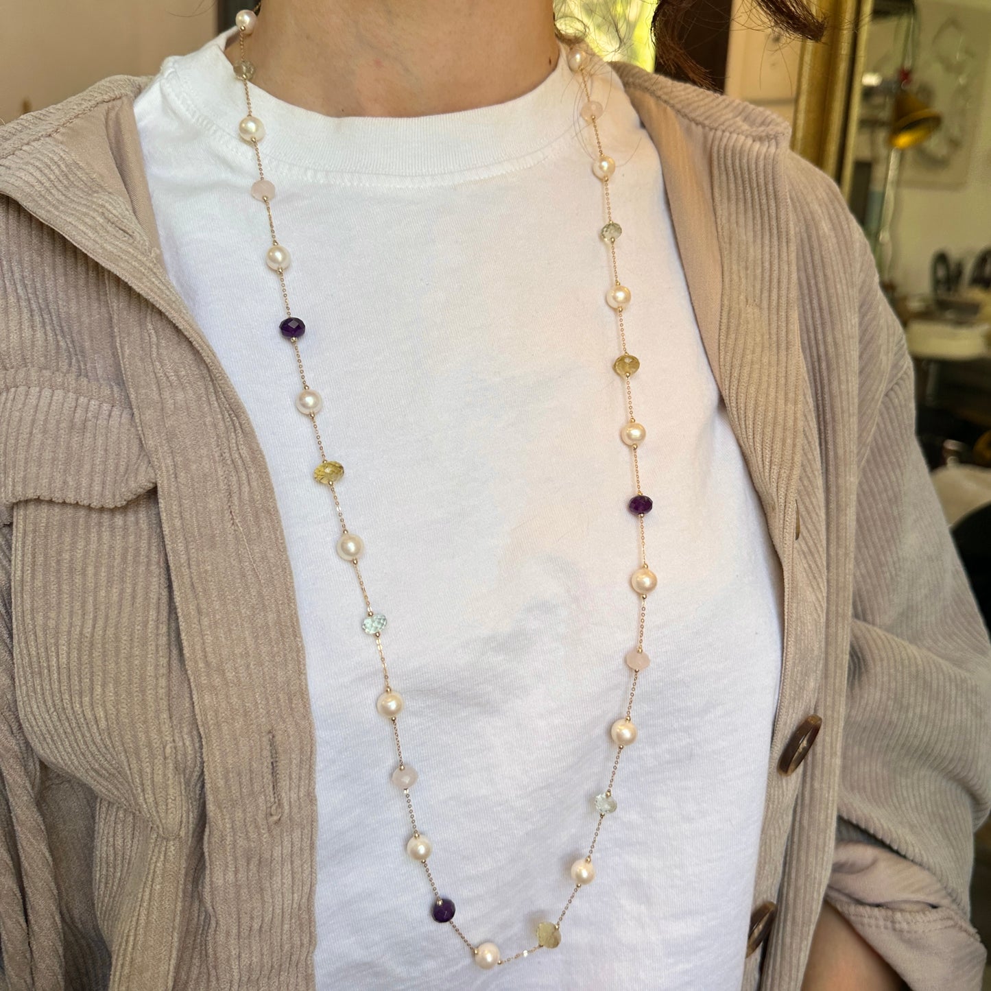 Estate 14KT Yellow Gold Pearl Bead + Checkerboard Rondelle Multi Gemstone Station Necklace